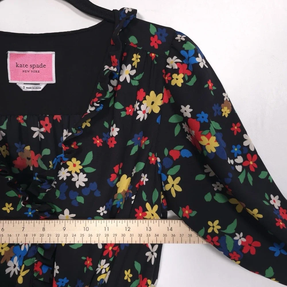 Kate Spade Sailing Floral Dress Size 2 Black Multi Ruffle‎ Elastic Waistband